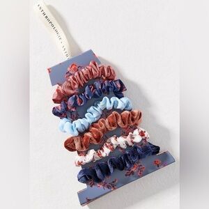 Anthropologie Set of 6 Satin Velvet Thin Scrunchies Navy Blue Coral Brown Floral